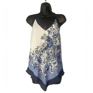 By & By Bandana Style Spaghetti Strap Blue & White Floral Blouse EUC